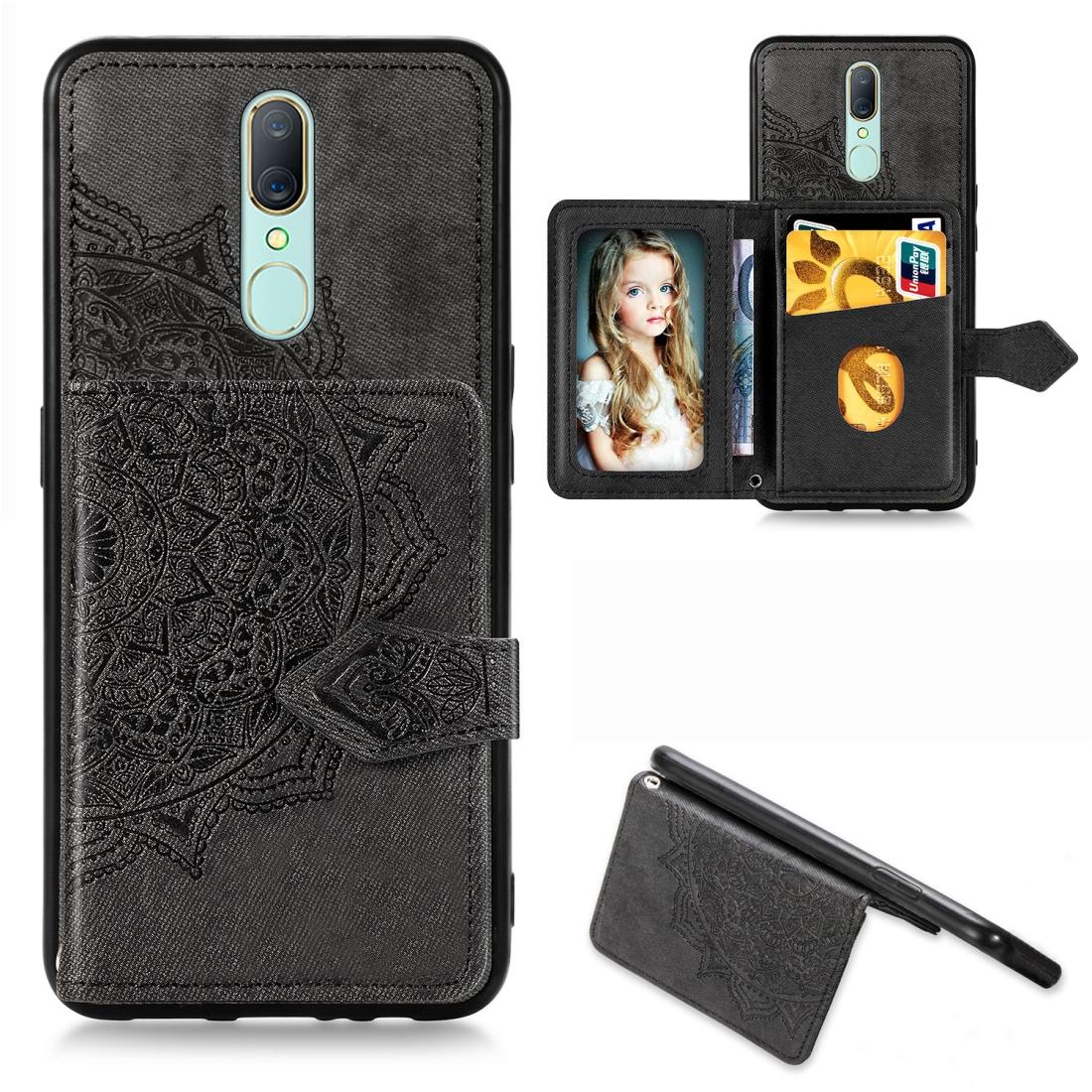 

For OPPO A9X Mandala Embossed Magnetic Cloth PU TPU PC Case with Holder Card Slots Wallet Photo Frame Strap