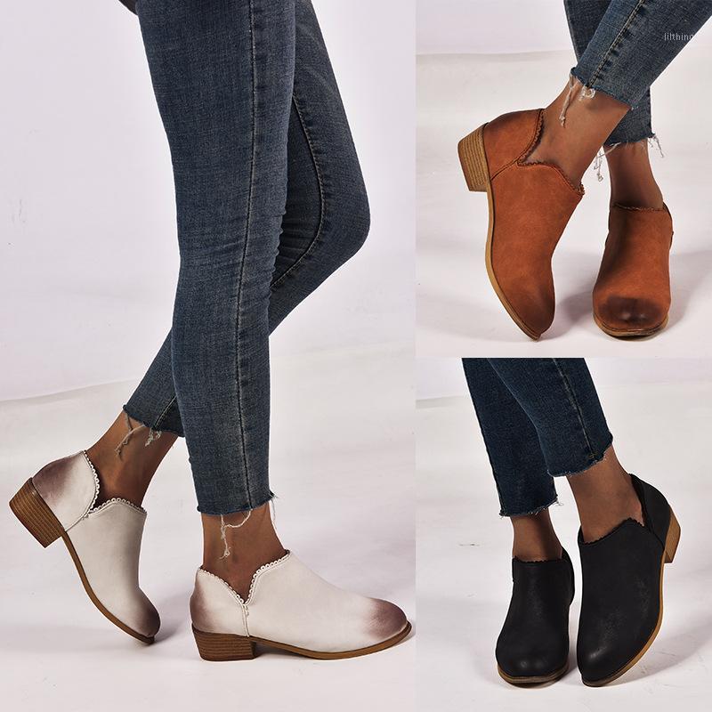 

2019 Hot Women Boots Vintage Leather Block Heel Women Ankle Boots Side Zipper High Heels Shoes Big Sizes 35-431, White