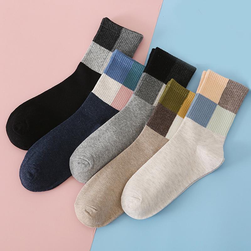 

Elegant Patchwork Pattern Woman Socks Colorful Top Quality Cotton Beige Black Khaki Grey Navy 5 Colors Classic Casual Crew Sock, Navy blue pb