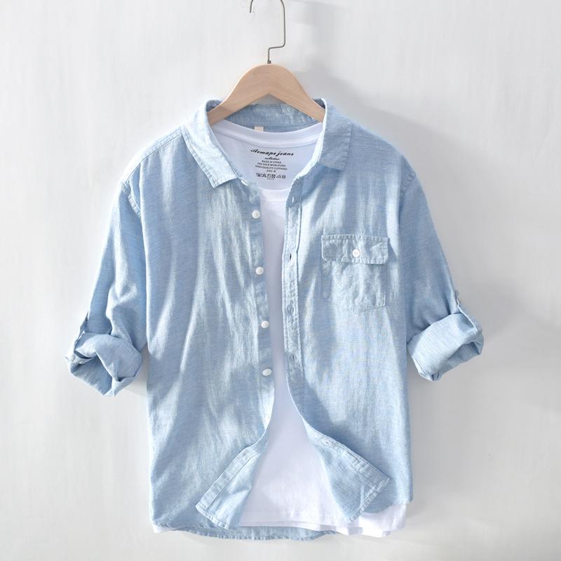 

2020 Spring New High Quality Linen Men Shirt Long Sleeve, Gray