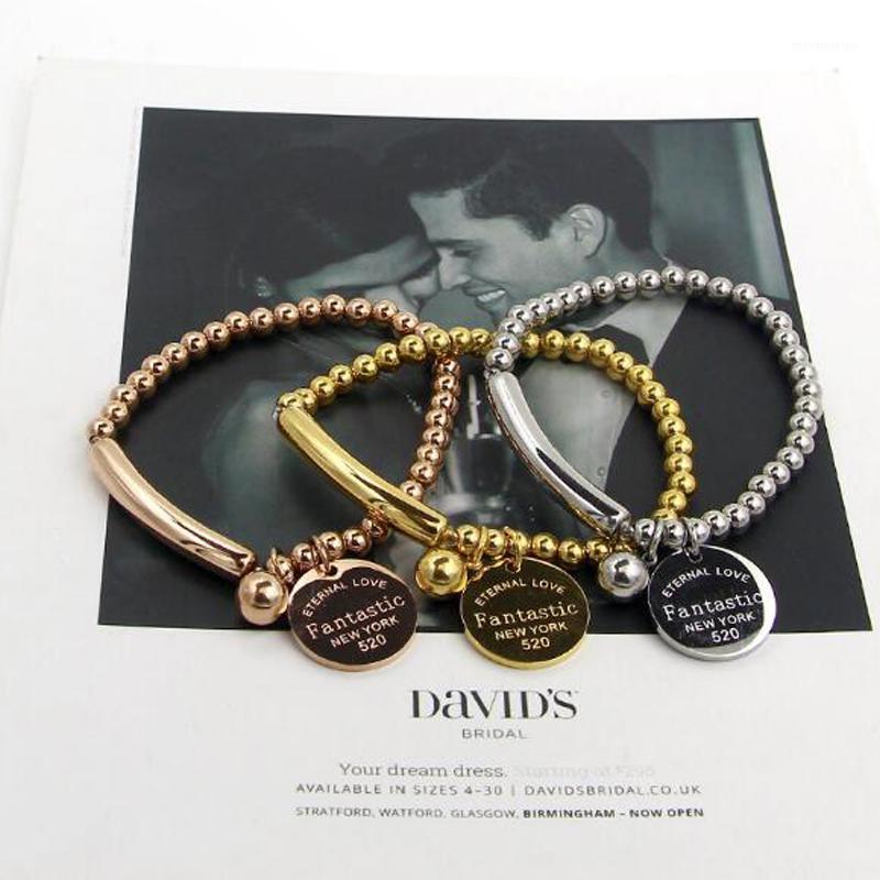 

"Fantastic Eternal Love New York" Stainless Steel Ball Beads Bracelet For Women Circle Tag Charm Stretch Strand Bracelet1
