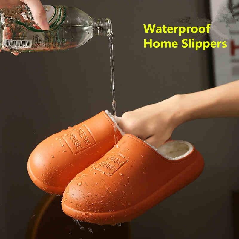 

Waterproof Winter Shoes Woman Men Indoor Slippers Warm Plush Lovers Home Slipper Thick Sole Female Kitchen Working Shoes, Orange