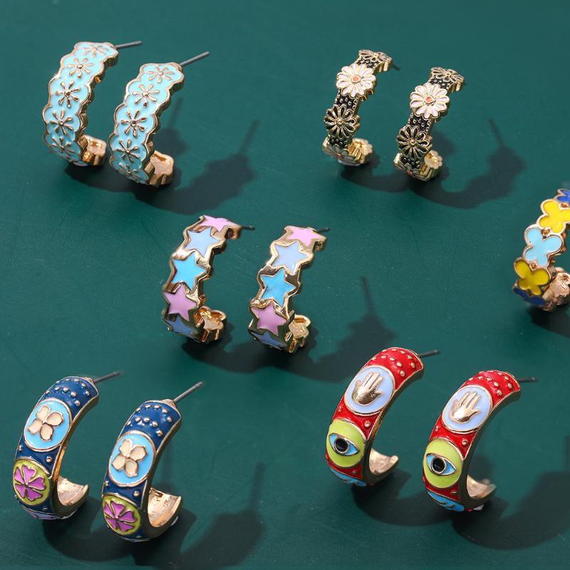 

Vintage Enamel Multicolor Hand Evil Eye Stud Earrings for Women Fashion Butterfly Flower C-shaped Gold Charm Earrings Jewelry