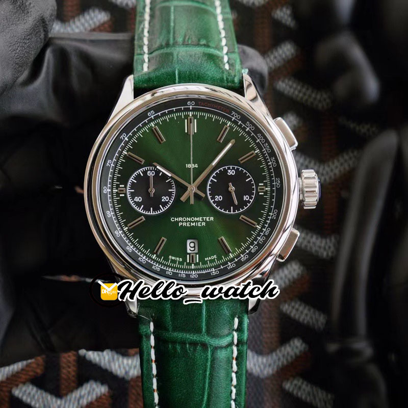 

New Premier B01 Steel Case AB0118A11L1X1 VK Quartz Chronograph Mens Watch Stopwatch Green Dial Green Leather Strap Watches Hello_Watch HWBR, Waterproof service