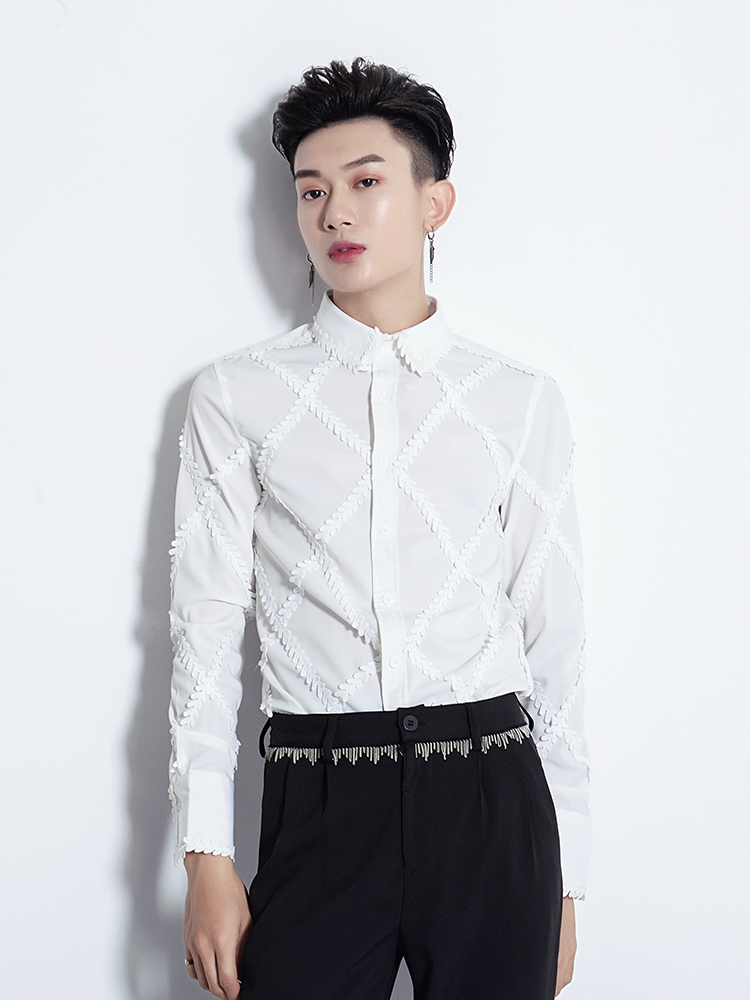 

2021 New Original Design Men's Fashionable Long-sleeve Embroidered Web-haired Shirt of White Celebrities. -3xl!! 79QQ