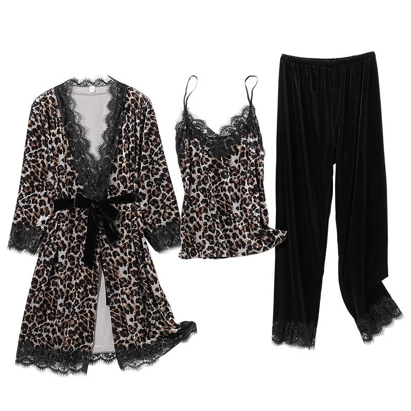 

Autumn And Winter Ladies Night Wear Sets Golden Velvet Pajamas Women's New 3PCS Leopard Pattern Lace Seductive Sexy Home Clothes, Yellow