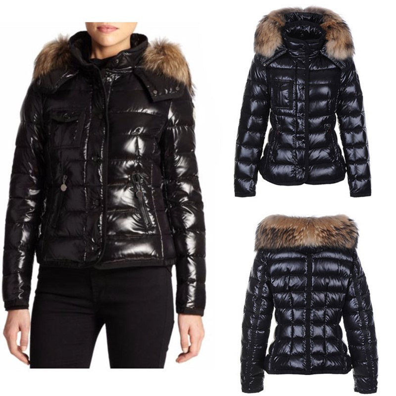 

Fashion Womens Parka Glossy Down Jacket Hood British style Fur Womens Coats Doudoune Femme Black White Orange Winter Jacket