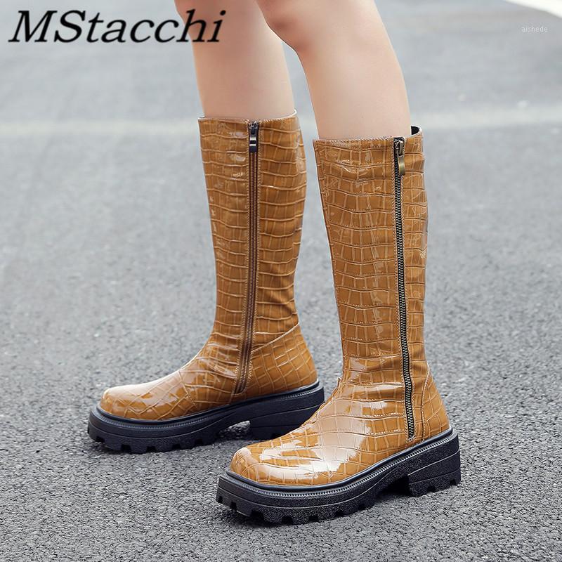 

MStacchi Thick Bottom boots women Microfiber round toe Side Zipper crocodile print boots 2020 winter plush party botas mujer1, Black