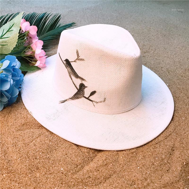 

Handmade Paint Panama Hat Fashion Women Summer Straw Beach Wide Brim Sun Sun Hat With Fashion Bird Sunbonnet Size 58CM1, White