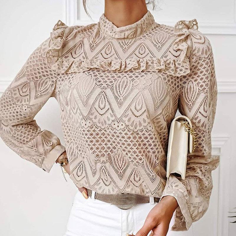 

Ruffled Lace Hollow Out Women' Blouses Autumn Long Sleeve Patchwork Female Blouse Spring New Solid Elegant Office Ladies Tops, Black