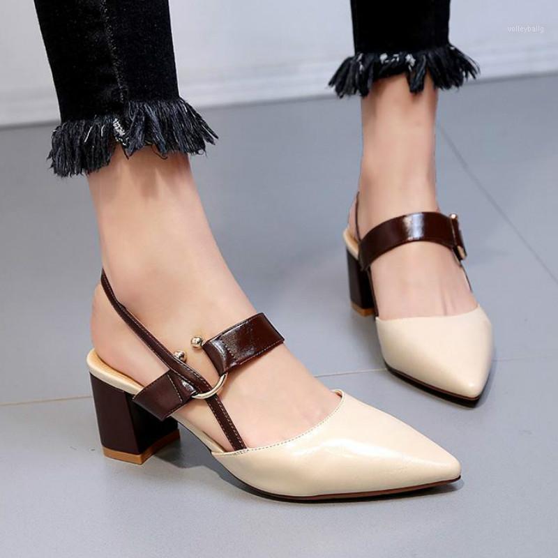 

2020 Spring New Hollow Coarse Sandals High-heeled Shallow Mouth Pointed Baotou Shoes Work Shoes Women Female Sexy ZH1000921, Beige