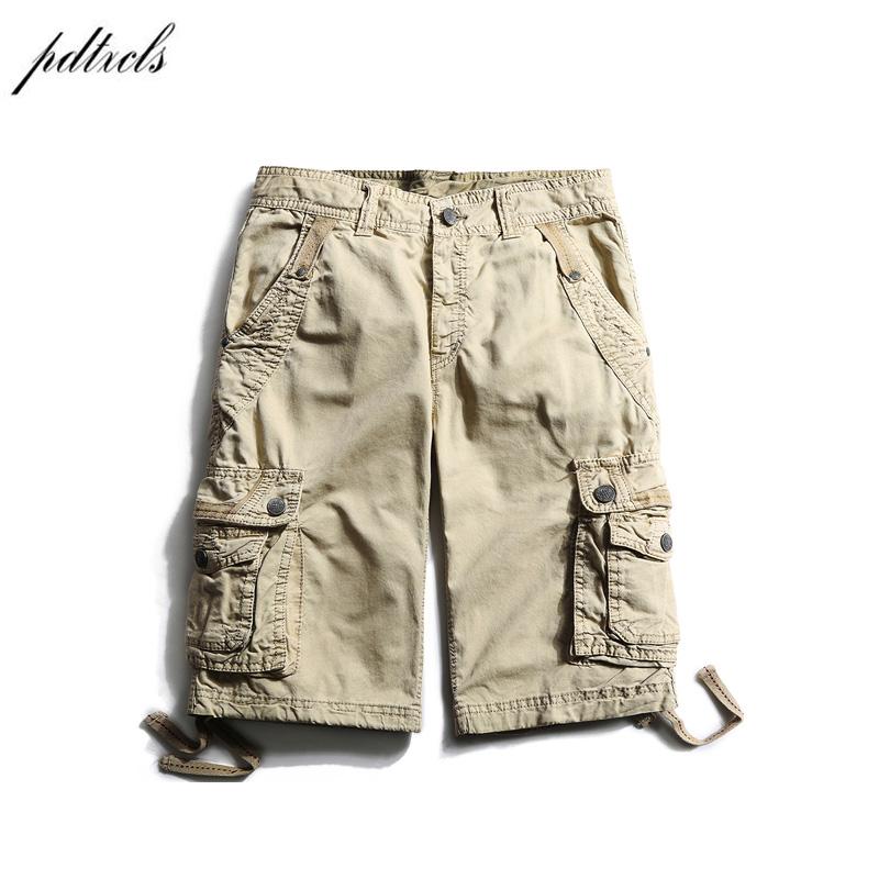 

PDTXCLS 2020 Summer Cotton Tactical Cargo Shorts Men Solid Knee Length High Quality Casual Beach Shorts Masculino, Army green