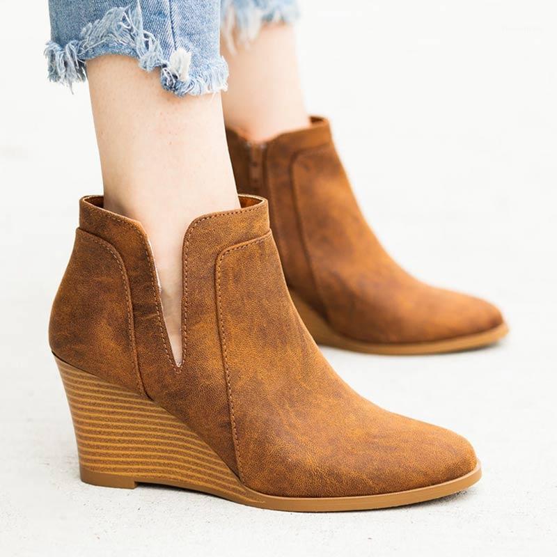 

2020 Hot Retro Women Ankle Boots Pu Leather Winter Ladies Wedges Shoes Ladies High Heels Bottes Femme Classic Brown Botas Mujer1, Beige