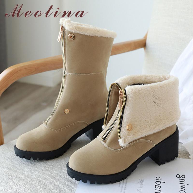 

Meotina Winter Ankle Boots Women Boots Zipper Thick High Heel Short Fashion Round Toe Shoes Lady Autumn Green Big Size 43, Black