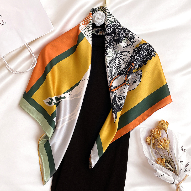 

Satin Scarf For Hair Ladies Silk Scarf Female Silk Hand Sewn Edges Scarfs 90 Horse Print Foulard Luxe, Blue;gray