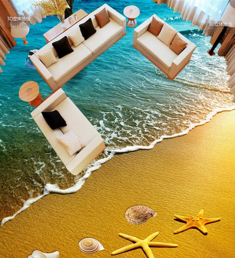 

Custom 3D Painting Floor Wallpaper PVC Adhesive Surf Beach Starfish Dolphin 3D Flooring Modern Sticker Floor, As pic