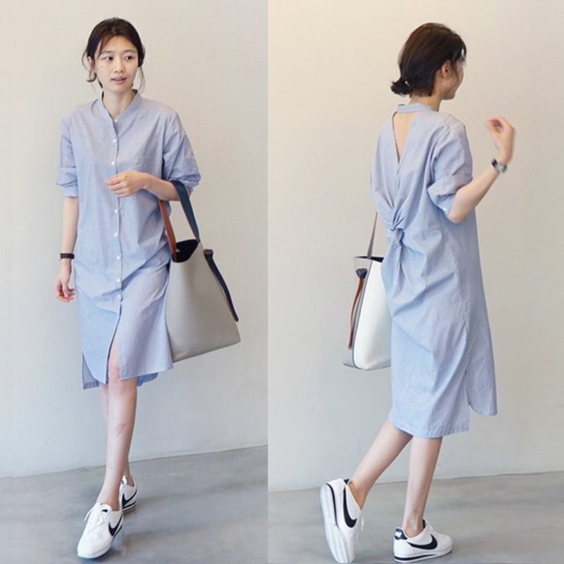 

2021 New Casual the women's line dressed ladies sleeves fashion up spring party elegant summer stripe shirt dress KE4B, Blue and white strip