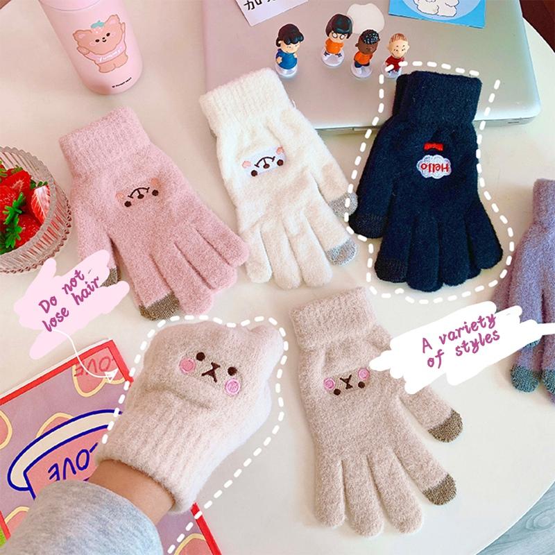 

Women Winter Thick Knitted Cashmere Plush Wool Warm Mittens Female Cute Full Fingers Gloves Cartoon Bear Faux Fur Gloves