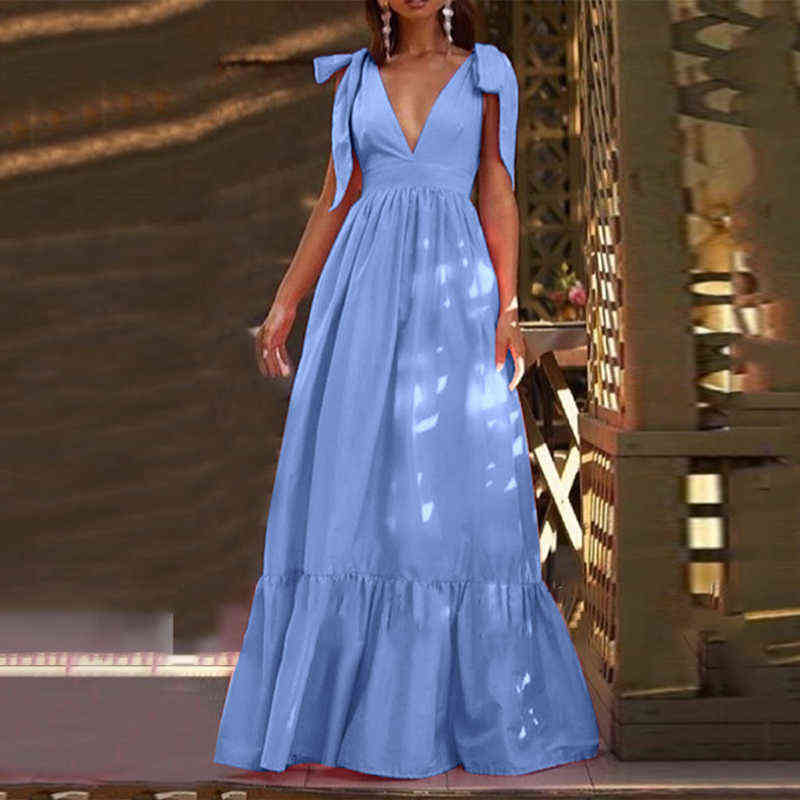 

3 Colors Summer Sleeveless Party Pleated Dress VONDA 2021 Sexy Deep V Neck Maxi Dresses Bohemian Vestidos Femme Long Robe G1223, Blue