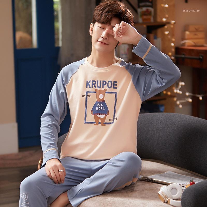 

Autumn Winter Fashion Men's Pajama Set Cotton Long Sleeve Sleepwear Casual Loose Homewear Pyjama Cartoon Litter Bear Male Pyjama1, A016