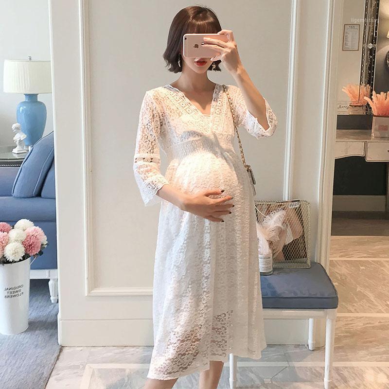 

Elegant V neck Lace Maternity Maxi Long Party Dress Spring Summer Fashion Clothes for Pregnant Women Bodycon Pregnancy1, White
