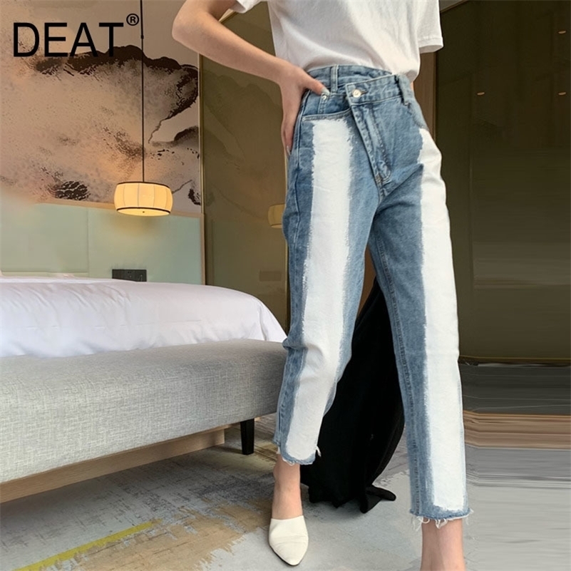 

[DEAT] New Fashion Trousers High Waisted Women's Jeans Denim Straight Color Block Side Button Design Fit Leisure Wild AP804 201105, Light blue
