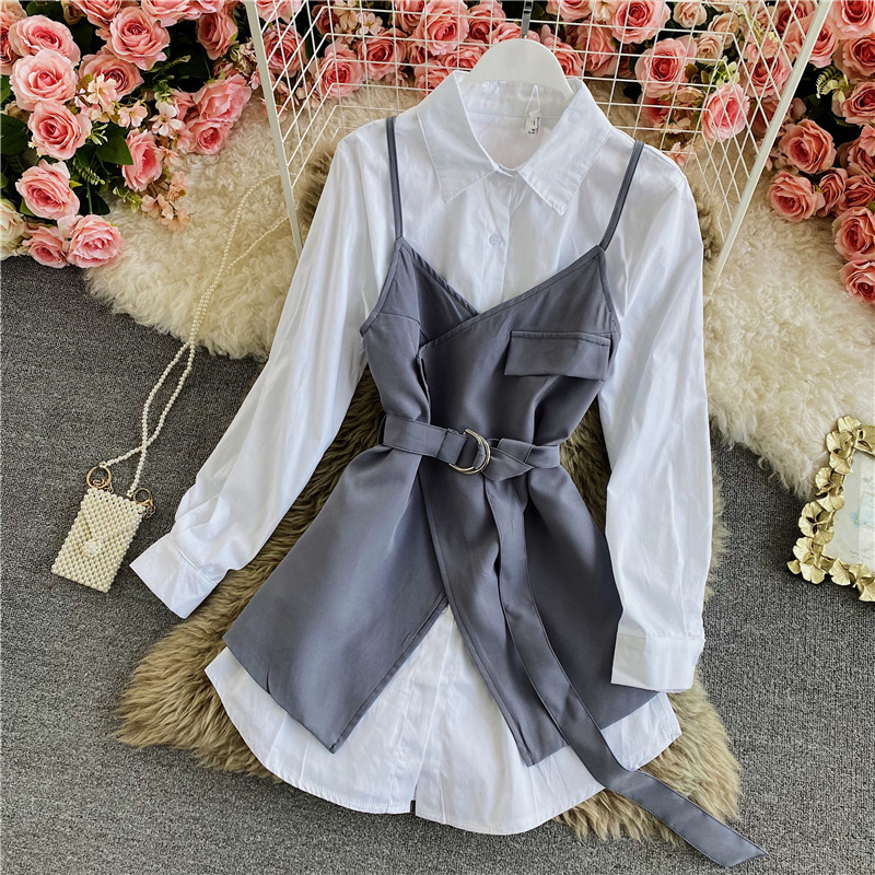 

2021 New Spring Fashion Temperament Long Sleeve Irregular Lace Sling Two-piece Mid-length Solid Color Shirt Dress R6UF, Silver