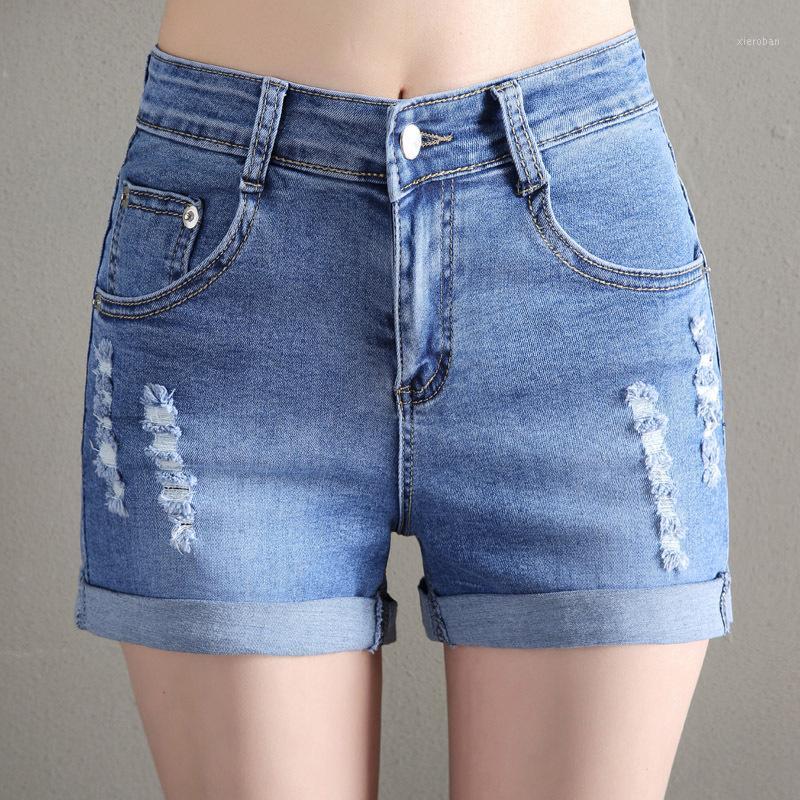 

Women's Shorts Europe Blue Crimping Denim For Women Summer Brand Trendy Slim Casual Plus Size Womens High Waist Jeans1, Light blue