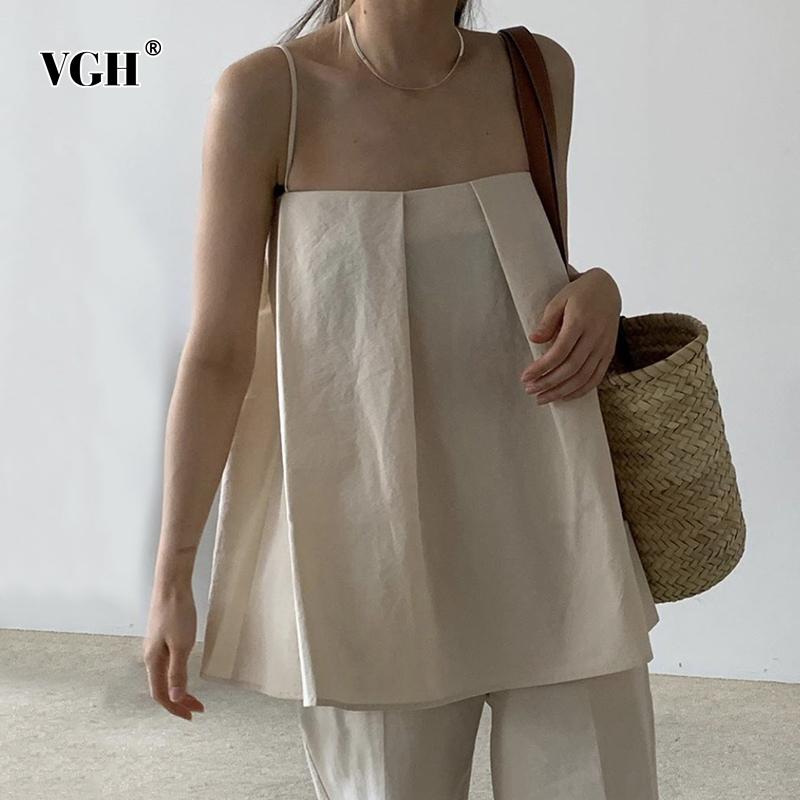

VGH Beige T-shirt For Women Square Collar Sleeveless Off Shoulder Strapless Sling Sexy Backless Casual T Shirts Female 2020 Tide