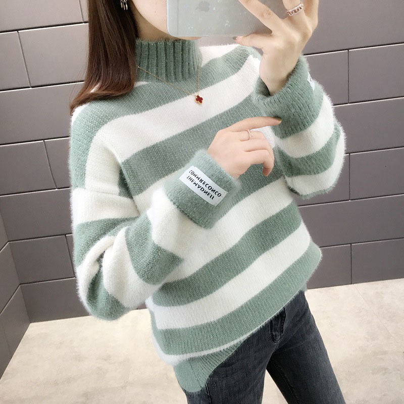 

Women Autumn Sweaters Stripe Knitted Women' Sleeve Long Korean Sweater Half Turtleneck High R385 0c1b, Pink.