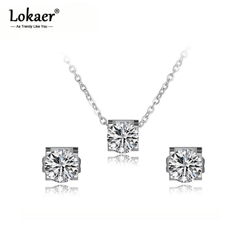 

Lokaer Classic Stainless Steel Mosaic Shiny CZ Crystal Necklace Earrings Bridal Sets For Women Wedding Bands Jewelry SE027, As pic