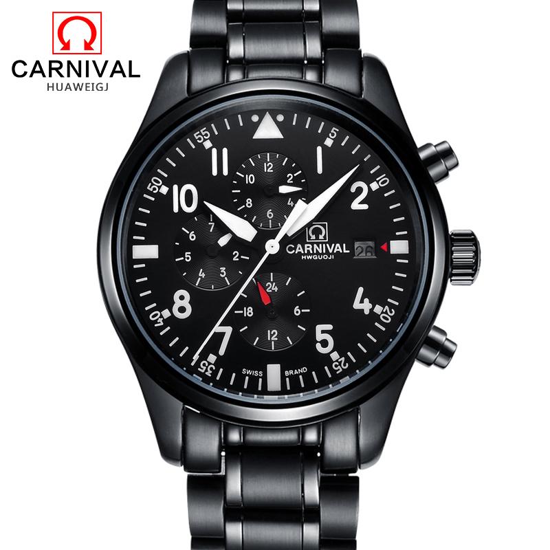 

Carnival Black Automatic Watch Men Business Mechanical Watches Luminous Hands Full Steel Mens Clock 30M Waterproof kol saati