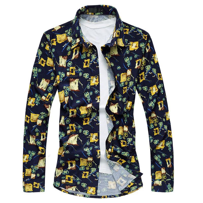 

2021 New Spring Autumn Men's Long Sleeve Brand Fashion Camisa Social Flower Shirt Men Chemise Homme 2ol3, Blue