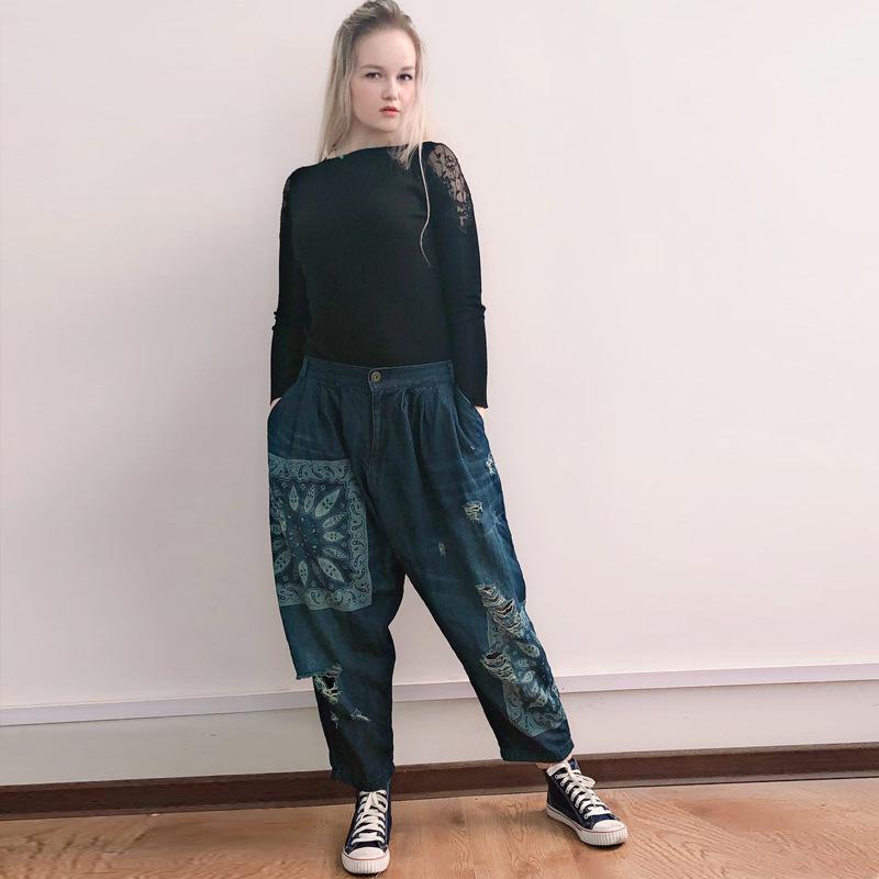 

Plus size Wide leg jeans Boyfriend Printed Denim Trousers hip hop streetwear Ripped Hole Denim Pants Baggy Cowboy Harem Joggers, Dark blue