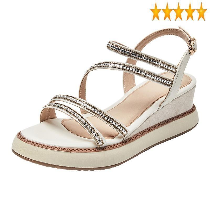 

Summer Women Leisure Wedges Open Toe Chunky Platform Shoes Fashion Beading Buckle Ladies Rome Sandals Pink Footwear1, Beige