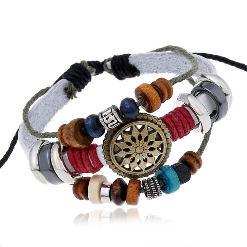 

Fashion Vintage Casual Flower Charm Bead Bracelet Retro Multilayer Leather Wrap Bangle Ethnic Wristband Unisex Rock Punk Jewelry