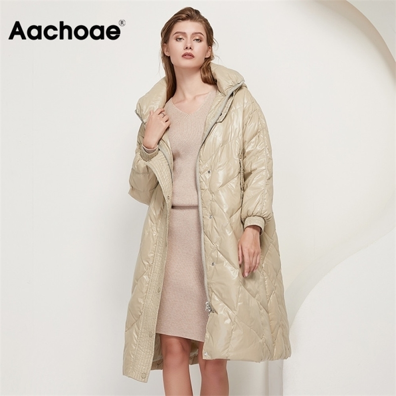 

Aachoae Fashion New Winter White Duck Down Jacket Women Loose Hooded Long Thick Warm Coat Female Long Sleeve Pockets Outerwear 201208, Black