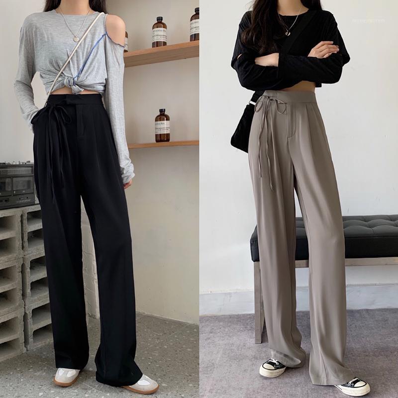 

2020 fashion hot sale new high waist drape casual trousers solid color suit trousers straight loose and thin mopping pants women1, Black