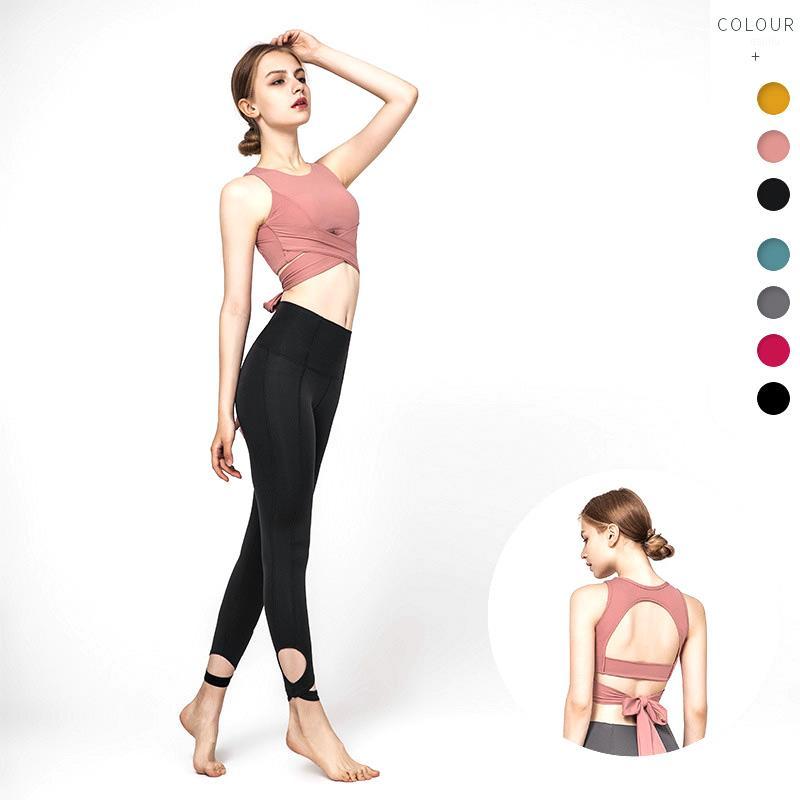 

Sports Yoga Gym Leggings Tie Back Bandage Sports Bra 2 Piece Wear For Women Training Suit Sportswear1, Yellow top