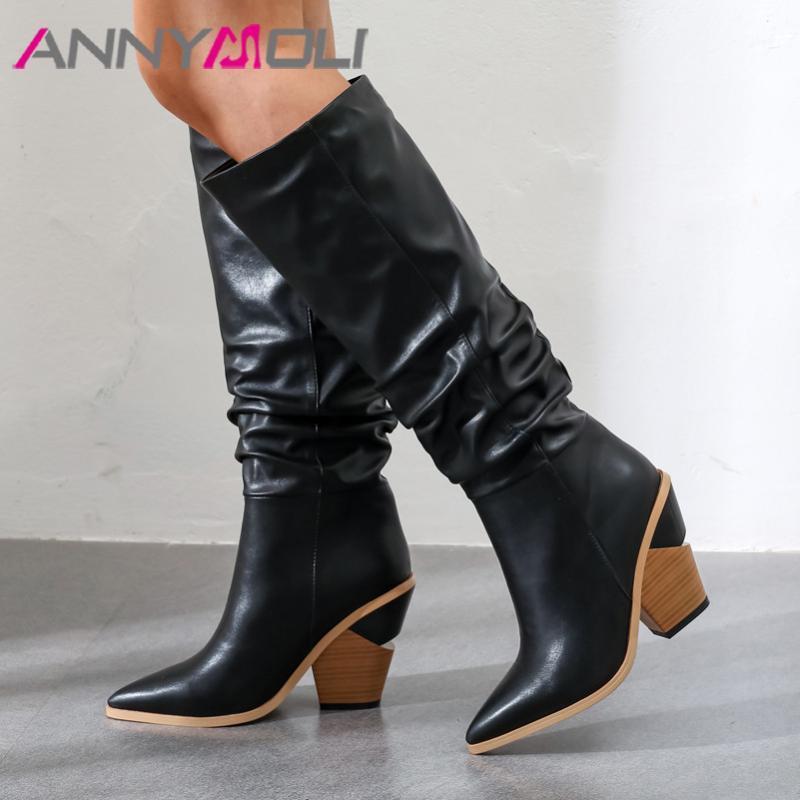 

ANNYMOLI Winter Knee High Boots Women Pleated Strange Style High Heel Tall Boots Pointed Toe Shoes Female Autumn Plus Size 34-431, Black