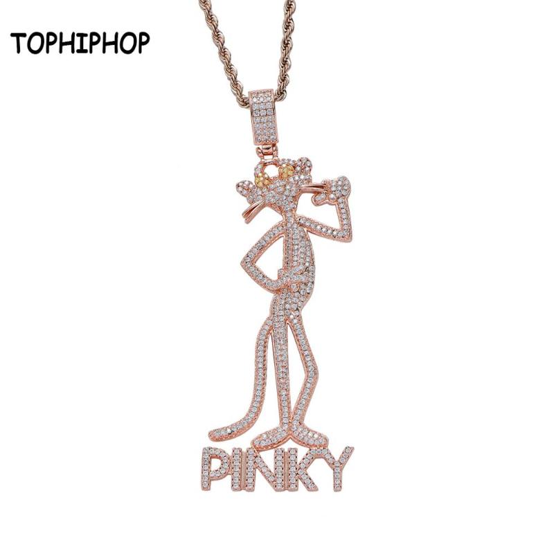 

Latest Designs Cute Iced Out Zircon PINKY Leopard Pendant Rose Gold CZ Stone Charm Necklace Men's Hip Hop Jewelry Homme
