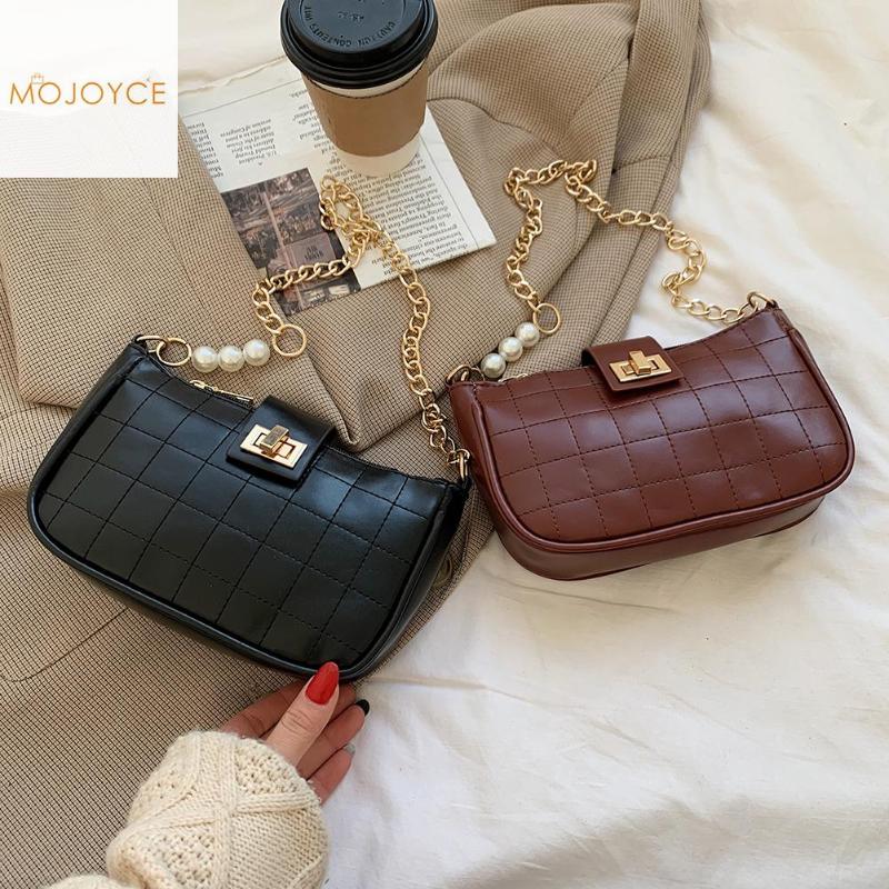 

Youth Ladies Simple Versatile Bag Female Lattice Top-handle Pouch Retro Pearl Chain Leather Commuter Shoulder Bags
