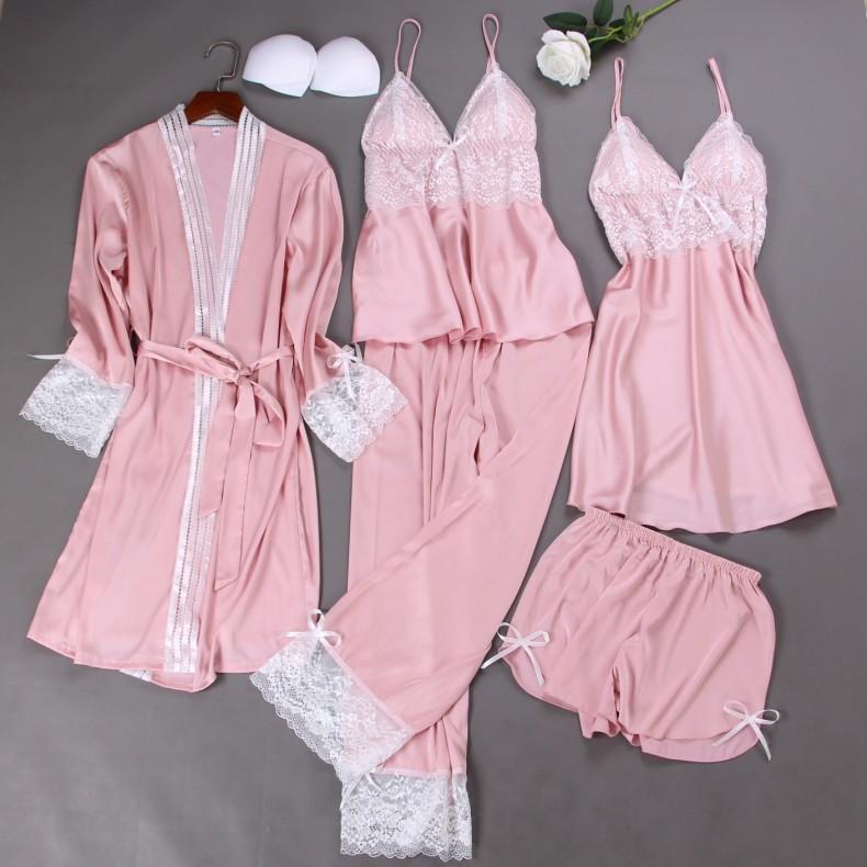 

Pink Lady 5PCS Lace Flower Trim Patchwork Rayon Robe Gown Sets Sexy Bride Wedding Sleepwear Nightwear Spring Lounge Kimono Bath