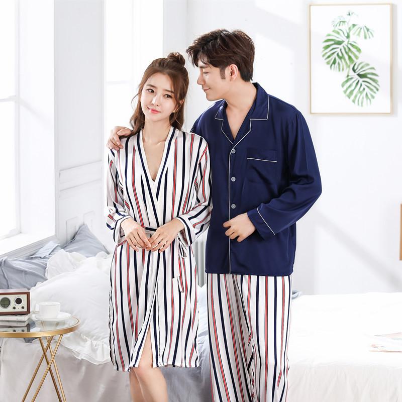 

Couple 2PCS Pajamas Suit Autumn Striped Nightwear Men Casual Shirt&Pant Home Wear Women Robe Set -3XL Faux Silk Loose Sleepwear, Color-1-men
