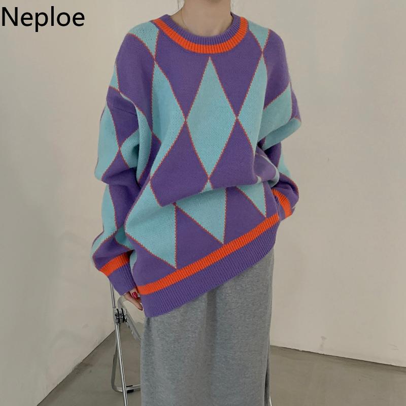 

Neploe Plaid Knitted Pullovers Autumn Winter Clothes 2020 Korean Fashion Sweaters for Women Oversized Outwear Jumper Coat 4G089, Navy blue plaid