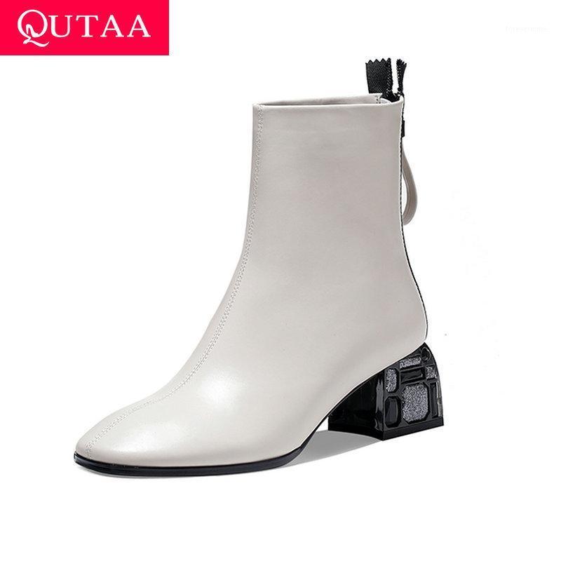 

QUTAA 2021 Classic Square Med Heel Ankle Boots Autumn Winter Women Shoes Zipper Casual Square Toe Ladies Pumps Size 34-421, Black