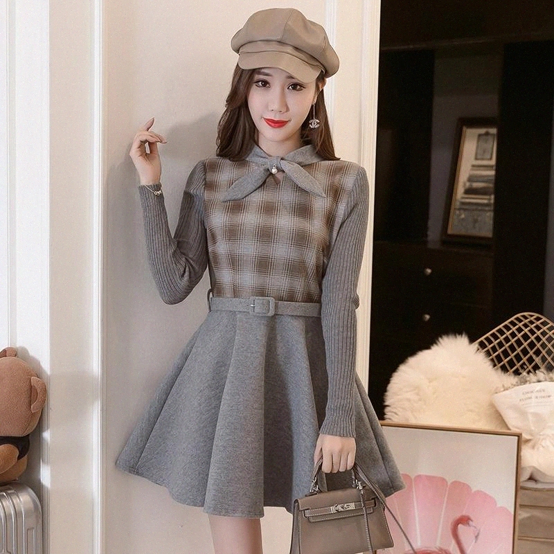 

JXMYY 2020 Fashion new Korean style thin section long-sleeved thickening age-reducing college wind woolen women dress #Ll1N, Black;gray