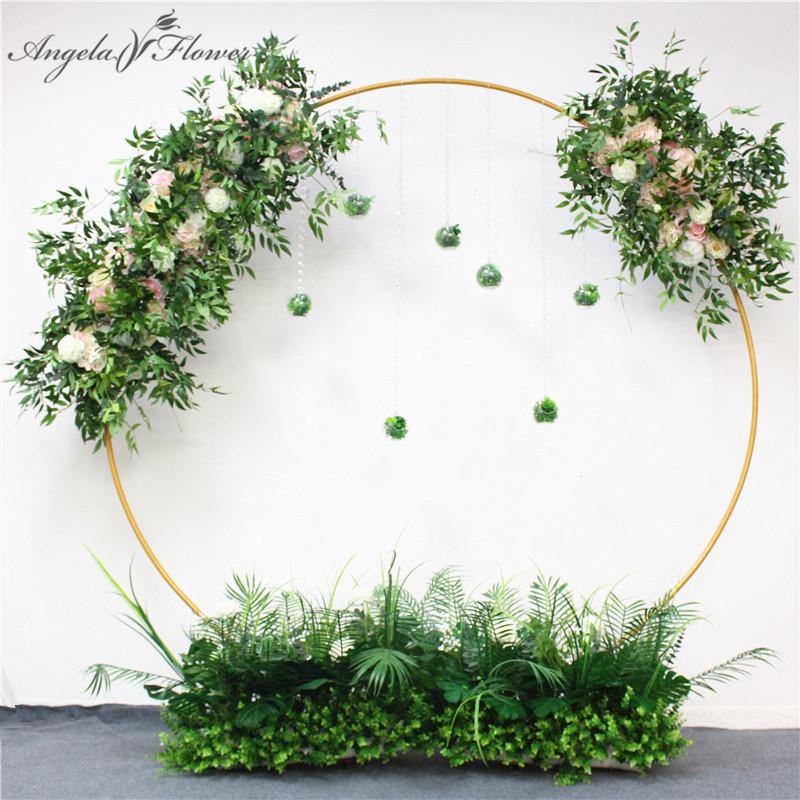 

HI-Q handmade party event wedding backdrop iron arch decor artificial flowers pink with green leaf road lead flower row runner, 7pc bead string ball