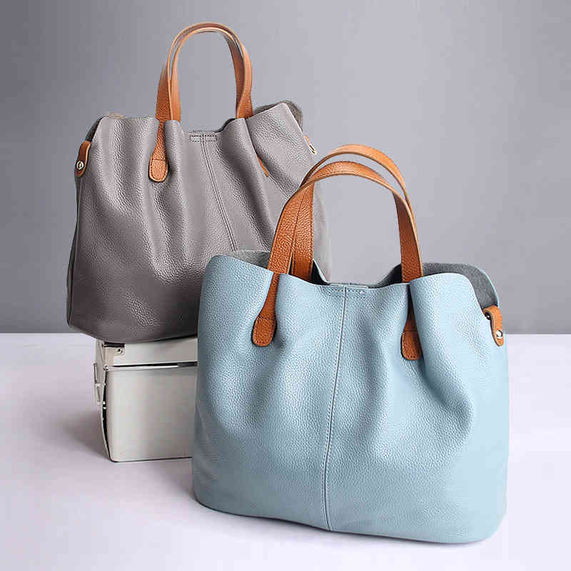 

Genuine Leather Handbags Head Layer Cowhide Litchi Grain Women Fashion Portable Shoulder Messenger Composite, Gray