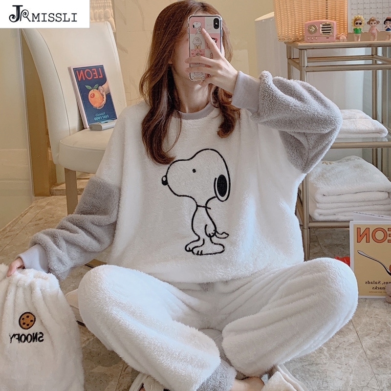 

JRMISSLI Women Pajamas Set Winter Thick Flannel Pijamas Female Sleepwear Pyjama Homewear Pijama Home Clothing 201113, White